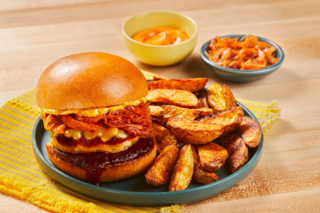Picture of: BBQ Cheddar Pork Burgers with Chipotle Aioli & Potato Wedges