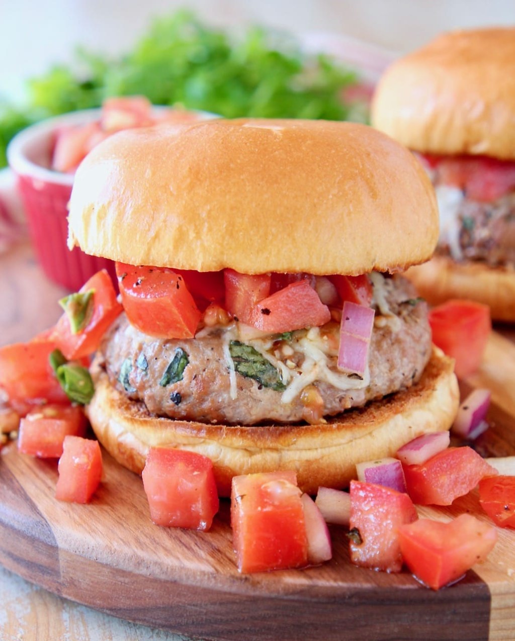 Picture of: Juicy Turkey Burger Recipe with Tomato Bruschetta – WhitneyBond