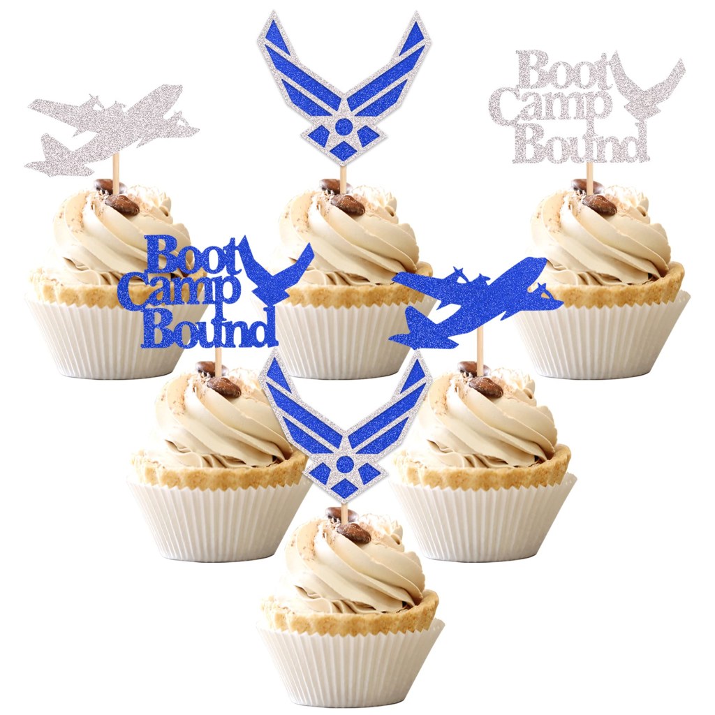 Picture of: PCS Air Force Cupcake Toppers Blue Silver Glitter Boot Camp Bound  Airplane Cupcake Picks for Military Emblem Theme Wedding Birthday Party  Cake